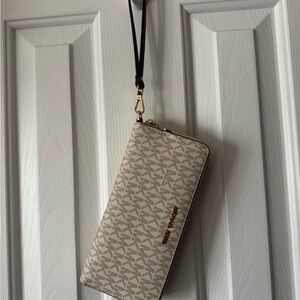 Michael Kors Beige and Brown Monogram Zip Wristlet